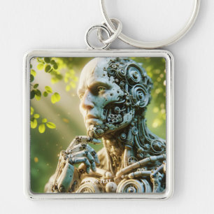 Fantasy Cute Robot Face Sculpture Key Ring