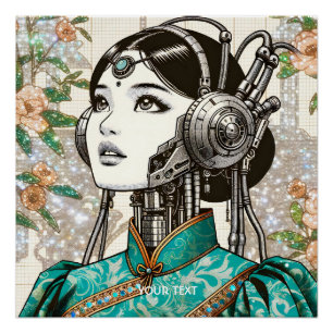 Fantasy Cute Robot Girl Flowers Poster