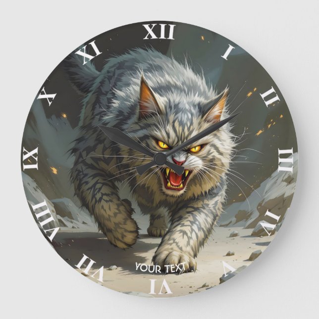 Fantasy Cute Rocks Angry Cat Large Clock (Front)