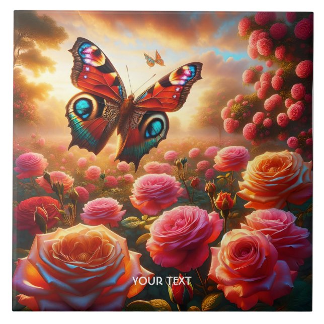 Fantasy Cute Roses Butterfly Flowers Tile (Front)