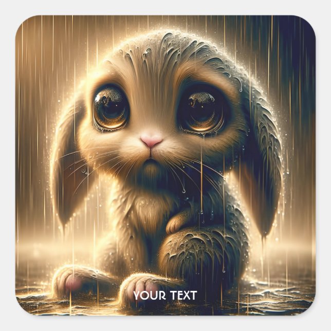 Fantasy Cute Sad Bunny Rain Square Sticker (Front)