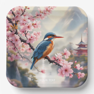 Fantasy Cute Sakura Bird Blue Paper Plate