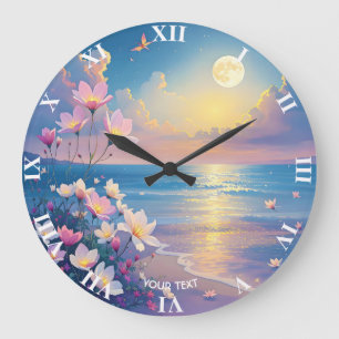 Fantasy Cute Sea Pink Flowers Large Clock