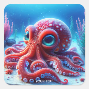 Fantasy Cute Sea Red Octopus Square Sticker