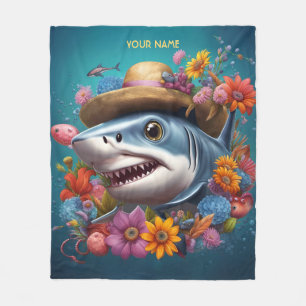 Fantasy Cute Shark Hat Flowers Fleece Blanket