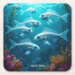 Fantasy Cute Skeleton Fish School Square Paper Coaster