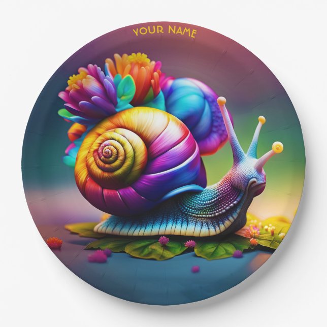 Fantasy Cute Snail With Flowers Paper Plate (Front)