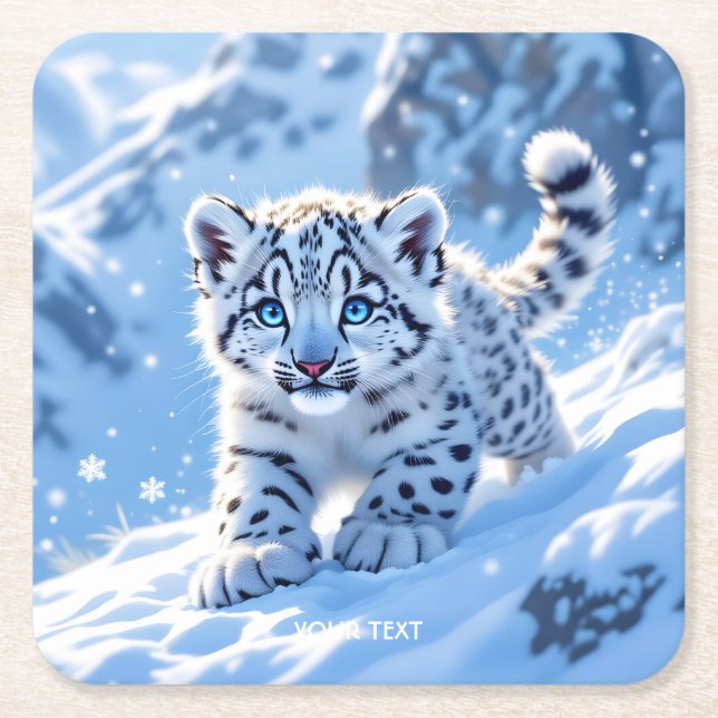 Fantasy Cute Snow Baby Leopard Square Paper Coaster (Front)