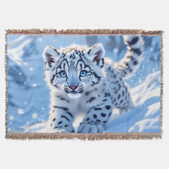 Fantasy Cute Snow Baby Leopard Throw Blanket (Front)