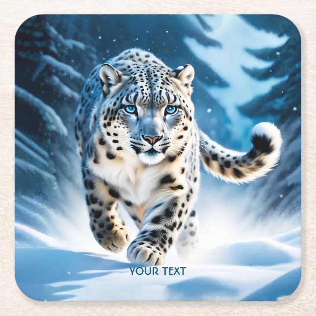 Fantasy Cute Snow Leopard Running Square Paper Coaster (Front)