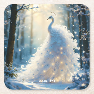 Fantasy Cute Snow White Peacock Square Paper Coaster