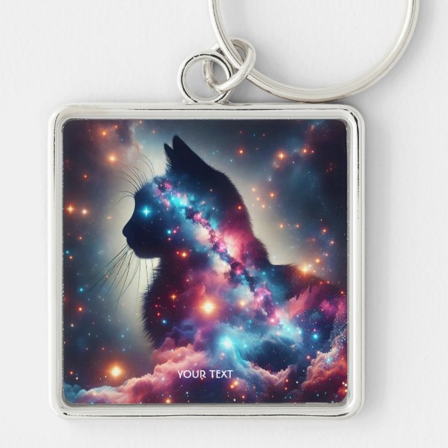 Fantasy Cute Space Cat Stars Key Ring (Front)