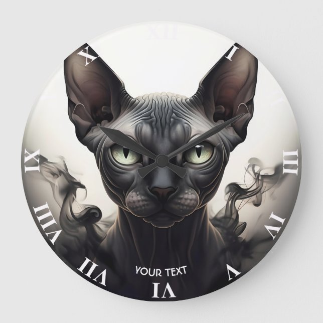 Fantasy Cute Sphynx Black Cat Large Clock (Front)