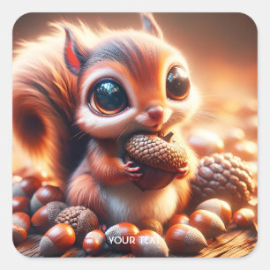 Fantasy Cute Squirrel Holding Acorn Square Sticker