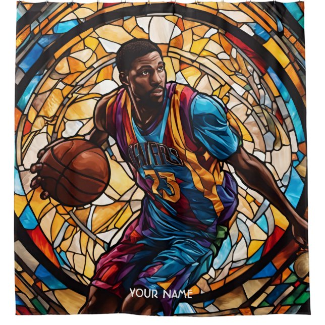 Fantasy Cute Stained Glass Basketball Shower Curtain (Front)