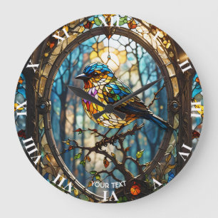 Fantasy Cute Stained Glass Bird Large Clock