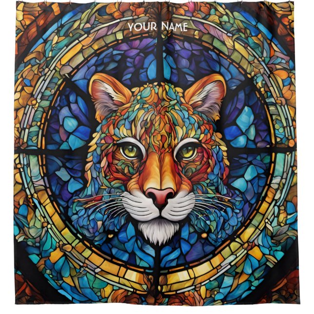 Fantasy Cute Stained Glass Cat Shower Curtain (Front)