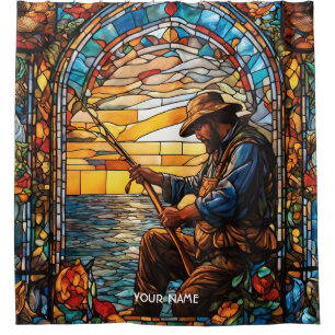Fantasy Cute Stained Glass Fisherman Fishing Shower Curtain