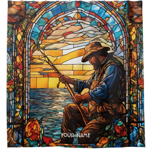 Fantasy Cute Stained Glass Fisherman Fishing Shower Curtain (Front)