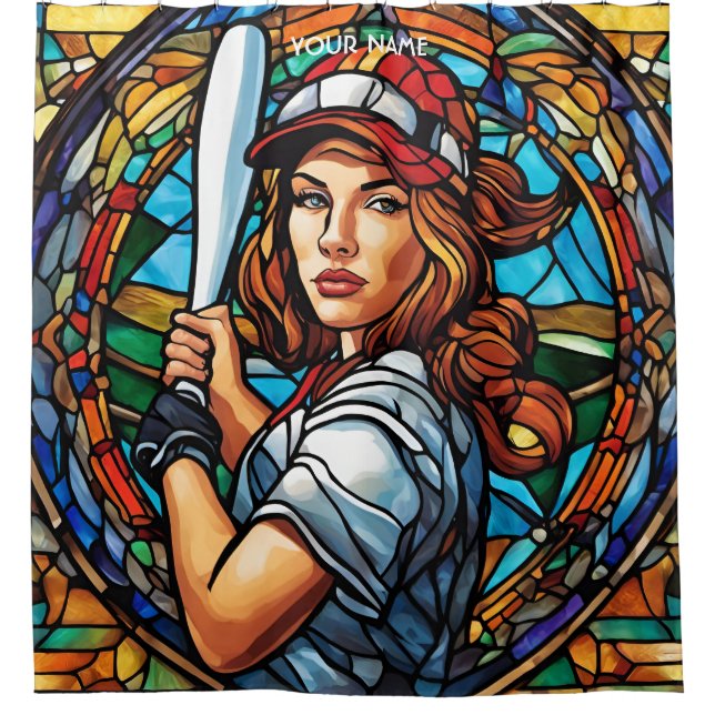 Fantasy Cute Stained Glass Softball Shower Curtain (Front)