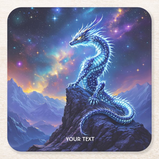 Fantasy Cute Starlight Dragon Skies Square Paper Coaster (Front)