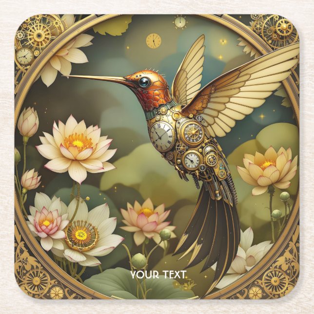 Fantasy Cute Steampunk Bird Clock Square Paper Coaster (Front)