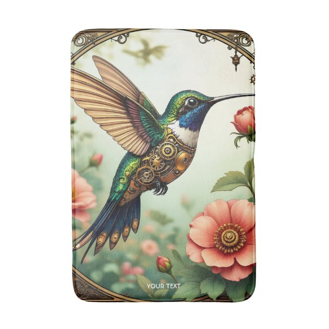 Fantasy Cute Steampunk Bird Flowers Bath Mat (Front Vertical)