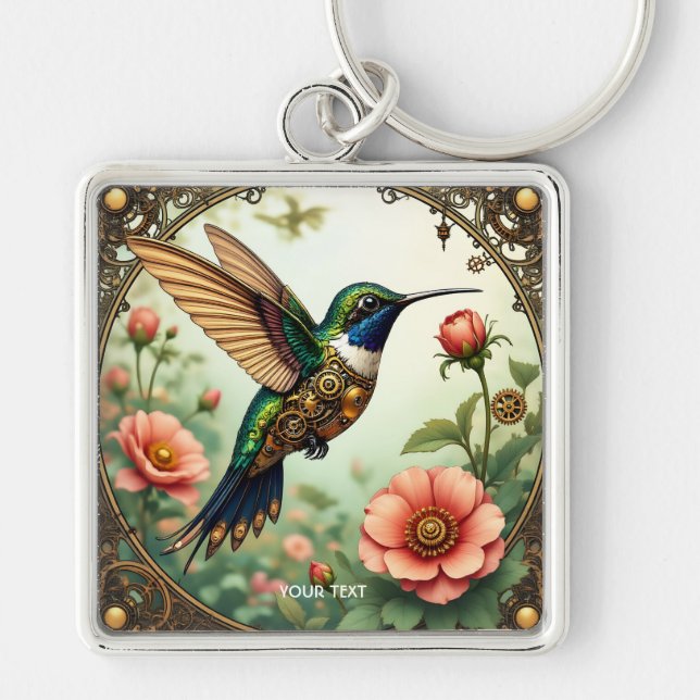 Fantasy Cute Steampunk Bird Flowers Key Ring (Front)