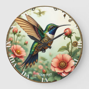 Fantasy Cute Steampunk Bird Flowers Large Clock