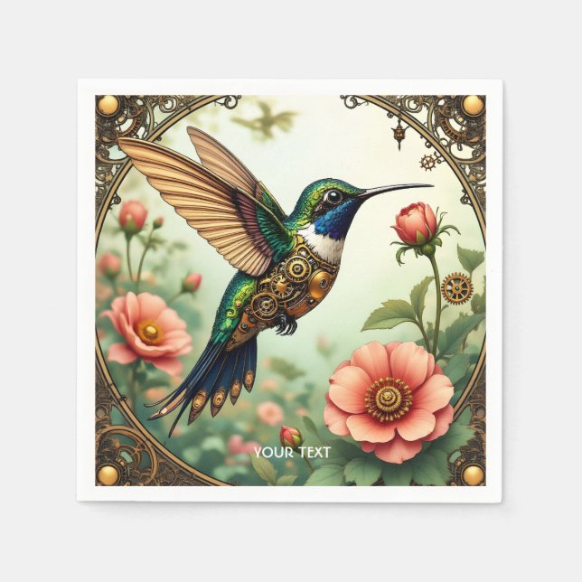 Fantasy Cute Steampunk Bird Flowers Napkin (Front)