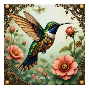 Fantasy Cute Steampunk Bird Flowers Poster