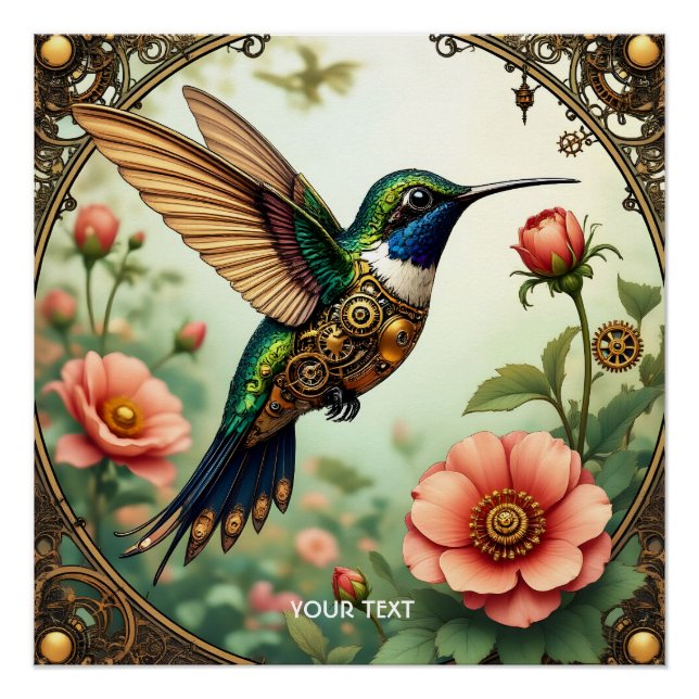 Fantasy Cute Steampunk Bird Flowers Poster (Front)