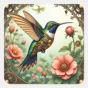 Fantasy Cute Steampunk Bird Flowers Square Sticker