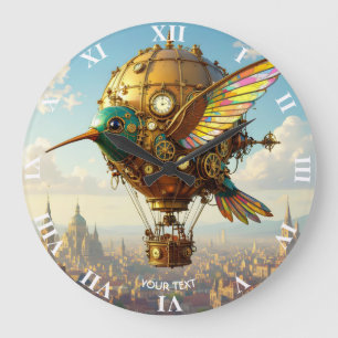 Fantasy Cute Steampunk Bird Sky Large Clock