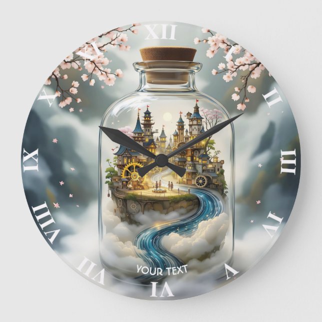 Fantasy Cute Steampunk Bottle City Large Clock (Front)