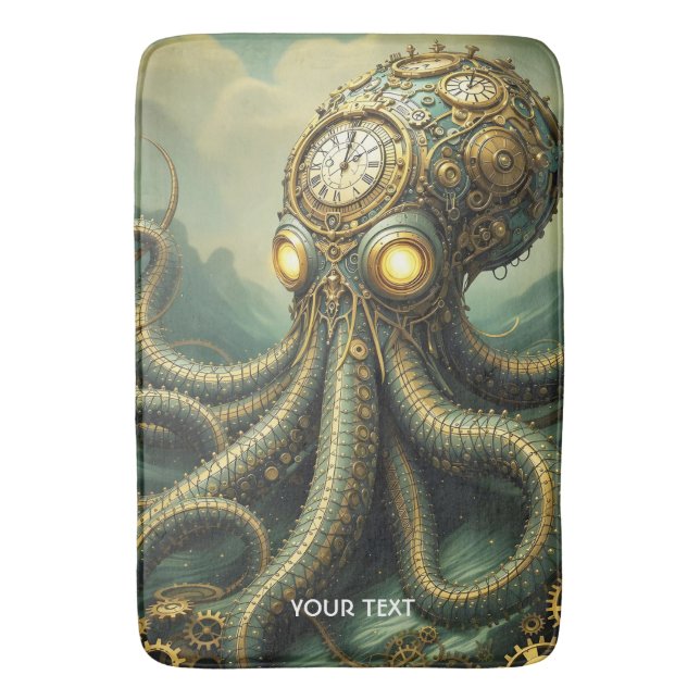 Fantasy Cute Steampunk Clock Kraken Bath Mat (Front Vertical)