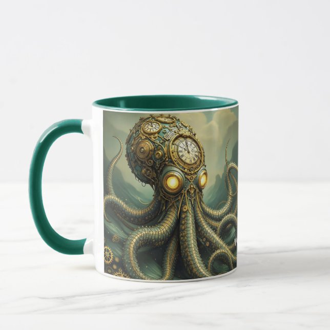 Fantasy Cute Steampunk Clock Kraken Mug (Left)