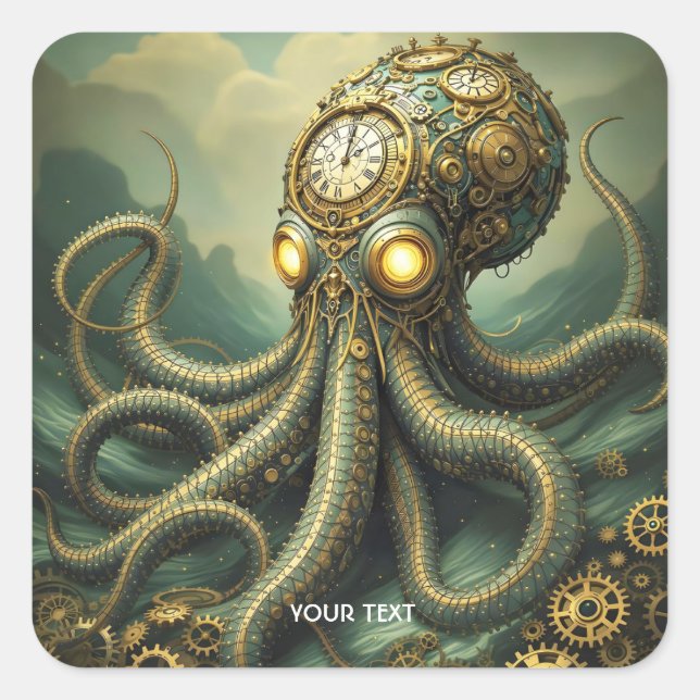 Fantasy Cute Steampunk Clock Kraken Square Sticker (Front)