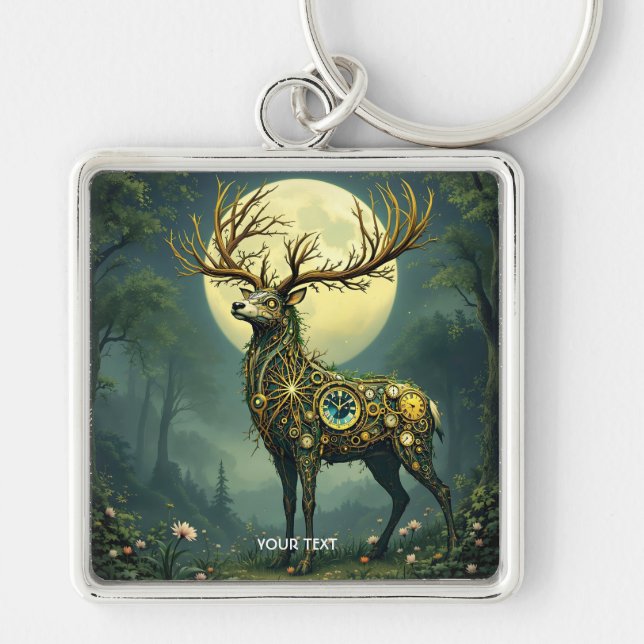Fantasy Cute Steampunk Deer Forest Key Ring (Front)