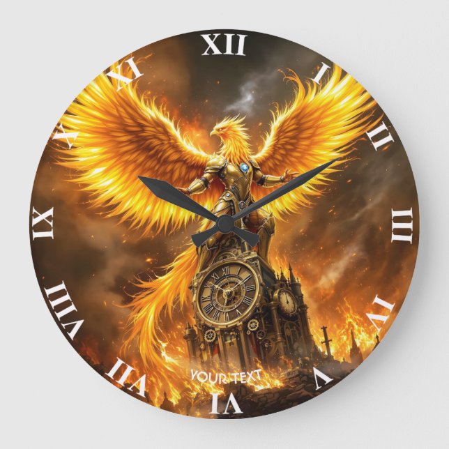 Fantasy Cute Steampunk Flames Phoenix Large Clock (Front)