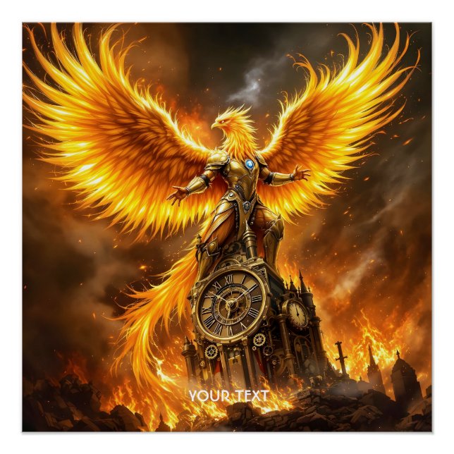 Fantasy Cute Steampunk Flames Phoenix Poster (Front)
