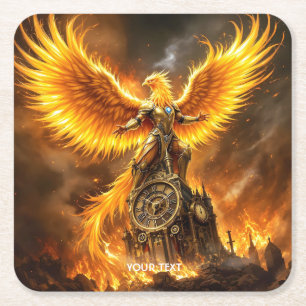 Fantasy Cute Steampunk Flames Phoenix Square Paper Coaster