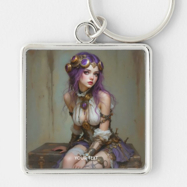 Fantasy Cute Steampunk Purple Girl Key Ring (Front)