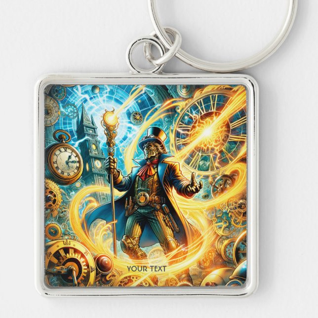 Fantasy Cute Steampunk Time Wizard Key Ring (Front)