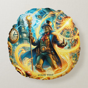 Fantasy Cute Steampunk Time Wizard Round Cushion