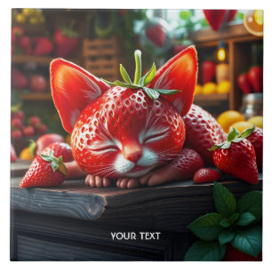 Fantasy Cute Strawberry Lovely Kitten Tile