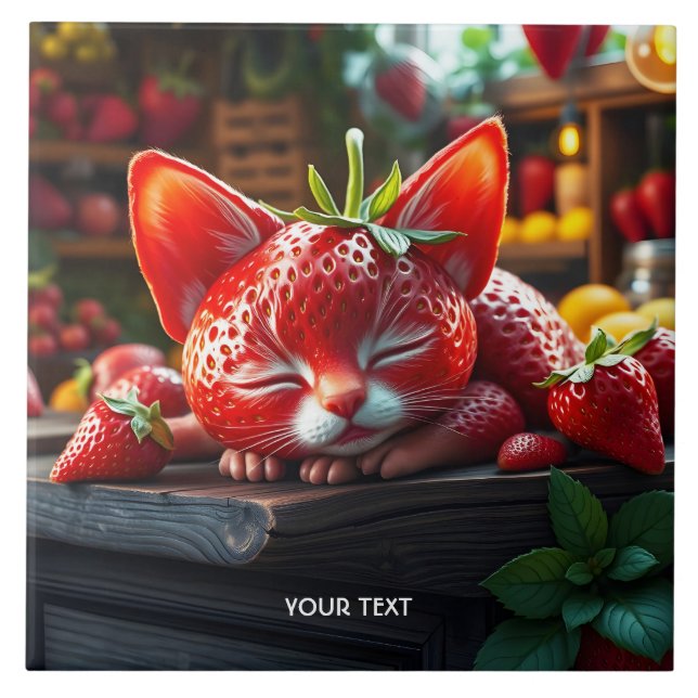 Fantasy Cute Strawberry Lovely Kitten Tile (Front)