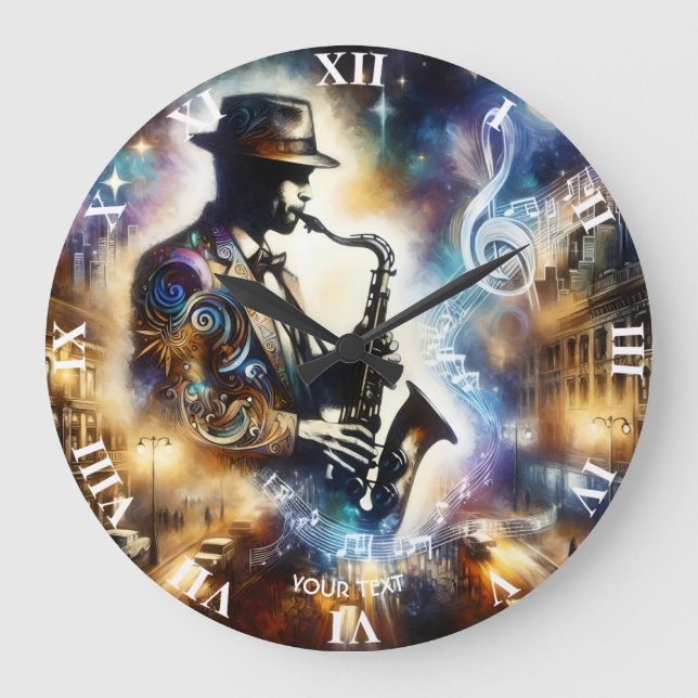 Fantasy Cute Street Musician Saxophone Large Clock (Front)