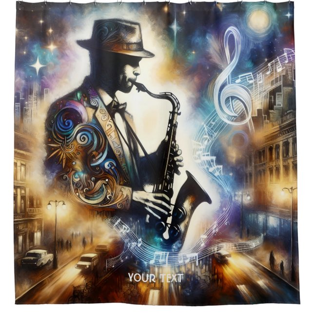 Fantasy Cute Street Musician Saxophone Shower Curtain (Front)