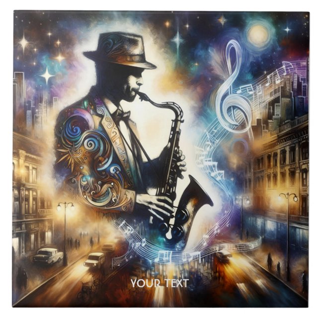 Fantasy Cute Street Musician Saxophone Tile (Front)